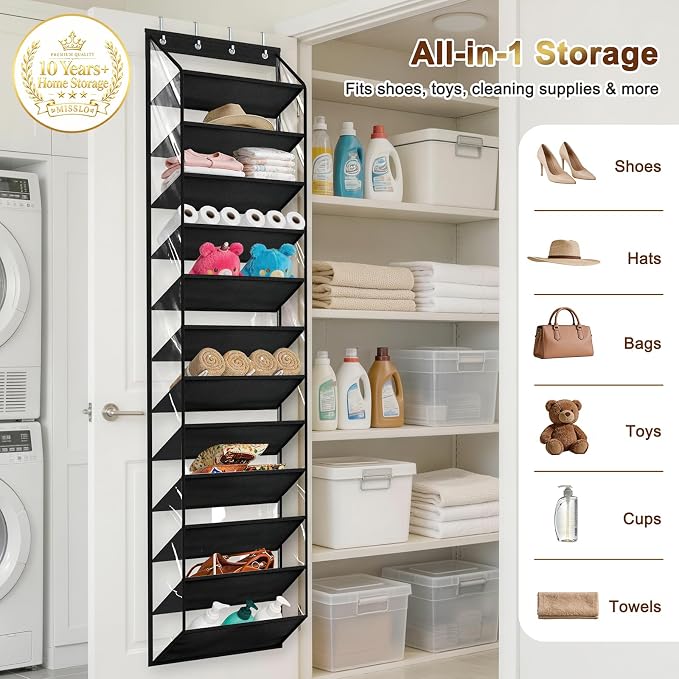 MISSLO 36 Pairs Clear Over the Door Shoe Organizer Closet Hanging Shoe Rack for Door with Large Deep Pockets Shoes Hanger Holder for Sneakers, Boots, Heels Storage (Black) - Image 6