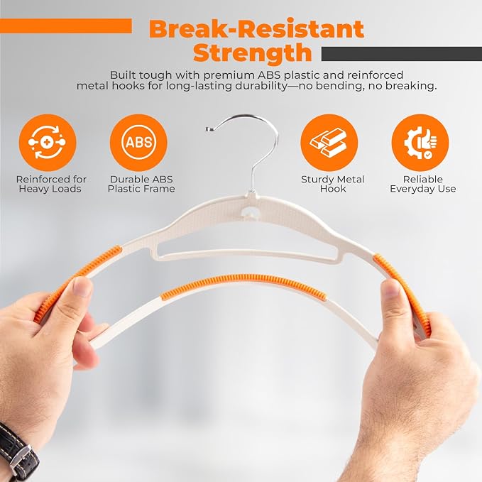 Lightweight White Plastic Hangers 20 Pack with Cascading Hook, Space Saving Thin, Closet Organizer, Orange Anti-Slip Pads, 360° Swivel, Tie Holder - Image 6