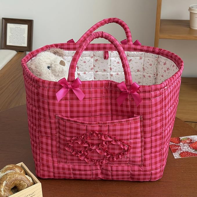 Storage Basket Boho Fabric Large Collapsible Floral Laundry Nursery Hamper Portable Folding Storage for Clothes Toys (Rose Red Plaid) by Ankick