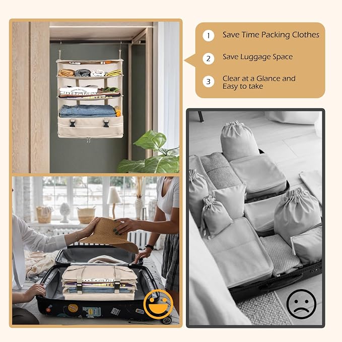 Surblue Hanging Closet Storage Bag Collapsible 3-Shelf Washable Oxford Fabric with 2 Hooks (XL 17.71 * 11.81 * 20in, Beige) - Image 4