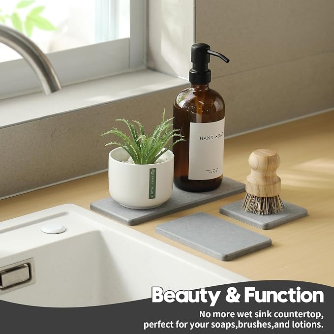 Razborci 3PCS Bathroom Sink Vanity Trays, Quick Stone Drying Mat Dish Soap Dispenser Sponge Holder for Kitchen Counter, Diatomaceous Earth Water Absorbing Caddy Organizer, Light Grey - Image 4