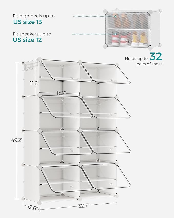 SONGMICS Shoe Rack, 8-Tier with Doors, 32-Pair Storage Cabinet | Shoe Organizer, Steel Frame, Plastic Panel, Bedroom, Entryway, Cloud White and Transparent, DAMION Collection ULPC034W01 - Image 3