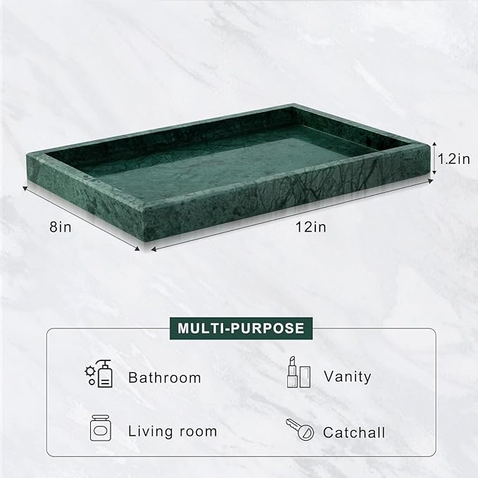 Marble Bathroom Tray for Countertop & Home Decor, Natural Decorative Marble Tray for Jewelry & Perfume Organizer, Luxury Stone Vanity Trays for Dresser, Kitchen Counter, 12" x 8", Green - Image 3