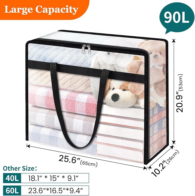 TasticTotes 6 Pack Clear Storage Bags for Comforter, Clothes & Bedding, 90L | Plastic Blanket Storage with Zipper & Handle, Foldable Moving Bags, Closet Organizer and Under-Bed Storage Containers - Image 2