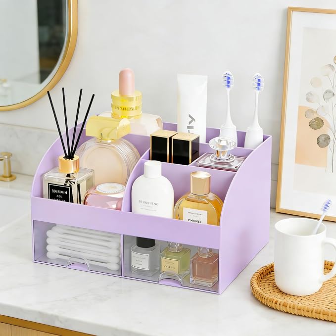 Makeup Organizer with 2 Drawers, Cosmetic Storage for Dresser Vanity and Bathroom Countertop,Make up organization and Skincare Storage with Beauty Brush Holder, Cosmetic Display Case (Purple) - Image 5