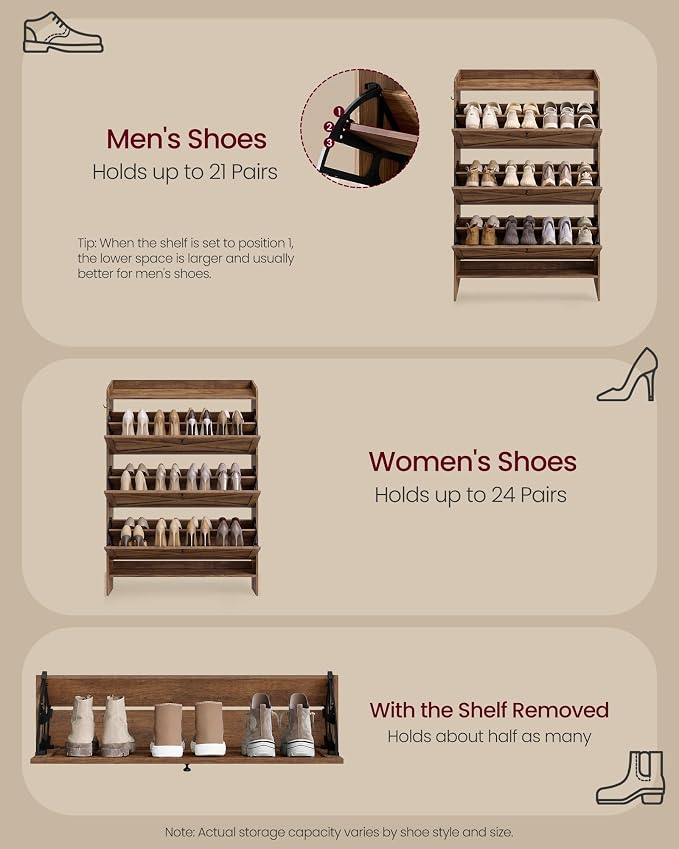 VASAGLE Narrow Shoe Storage Cabinet Organizer with 3 Flip Drawers | Freestanding Shoe Rack, Fits 14 to 16 Pairs, for Entryway, Farmhouse Style, Rustic Brown, HANIS Collection UHSC303KB01S - Image 5