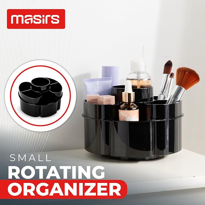 Masirs Small 360 Rotating Makeup Organizer, 5 Compartments, Round Black - Image 2