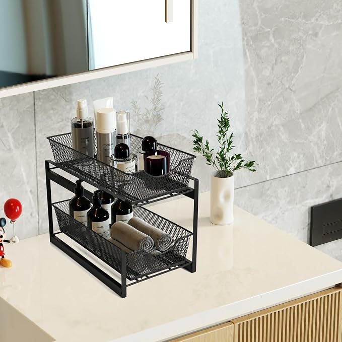 IBERG 2 Tier Bathroom Organizer Under Sink with Pull Out Drawer (Black) - Image 5