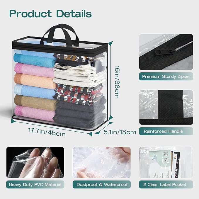 5PACK Clear Zippered Storage Bags for Clothes, 22L Closet Organizers Bag, and Blanket Storage Bags for Bedding, Linen, Blankets, Comforters, Clothing & Toys (Black) - Image 2