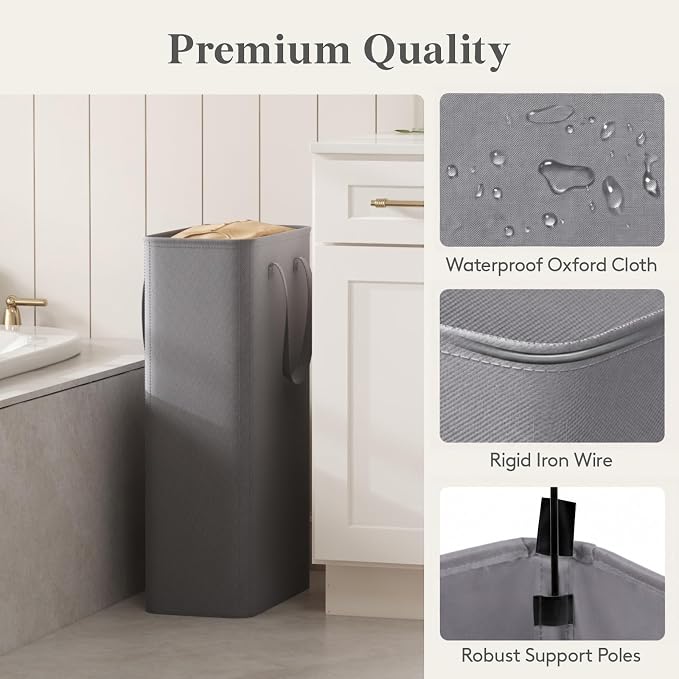 Lifewit Slim Collapsible Laundry Basket with Handles, 65L, Grey - Image 4