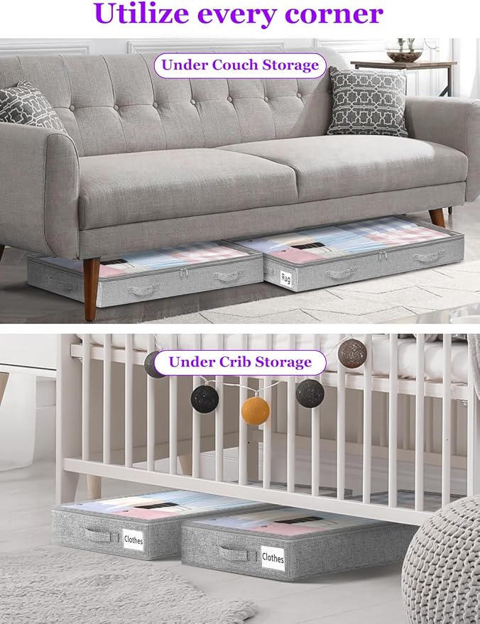 4-in Low Profile Under Bed Storage, No Structure, 2-Pack, Gray | 4" Ultra-Slim, Clear Lid, Reinfoced Handles & Smooth Zips, Dustproof & Waterproof, for Low Bed, Couch, Crib Storage - Image 7