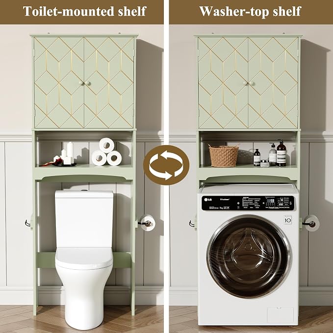HLR Over The Toilet Storage Cabinet with Gold Trim, Over Toilet Bathroom Organizer with Adjustable Shelves and Toilet Paper Holder, Above Toilet Storage Cabinet Spacesaver for Bathroom (Green) - Image 6