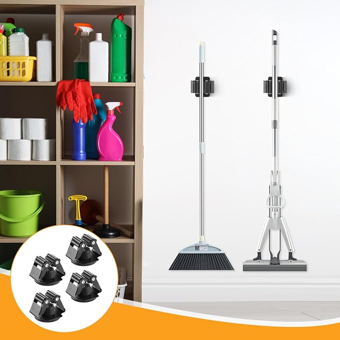 4 Pcs Magnetic Broom Holder Heavy Duty, 12Lbs Magnetic Tool Holder Wall Mount with Anti-Slip Rubber Gripper, No-Drill Mop Broom Holders for Garage Kitchen Laundry RV Van Accessories, Black - Image 6