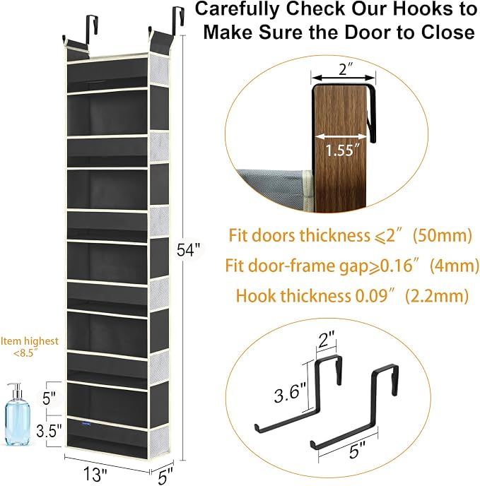 Over The Door Hanging Organizer 6-Shelves and 12 Side Pockets, Over The Door Storage Organizer, Back of Door Organizers for Baby Accessories and Children's Toys (13"x5"x54", Black) - Image 3