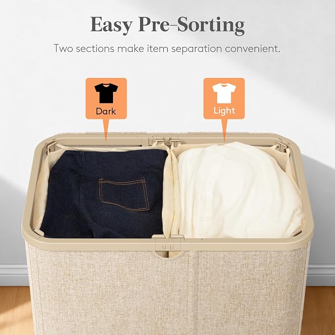 Lifewit 145L Large Laundry Basket with Lid, Laundry Hamper with Plastic Handles and Removable Bag, Foldable Tall Dirty Clothes Hampers for Laundry for Laundry Room, Bedroom, Bathroom, Dorm, Beige - Image 3