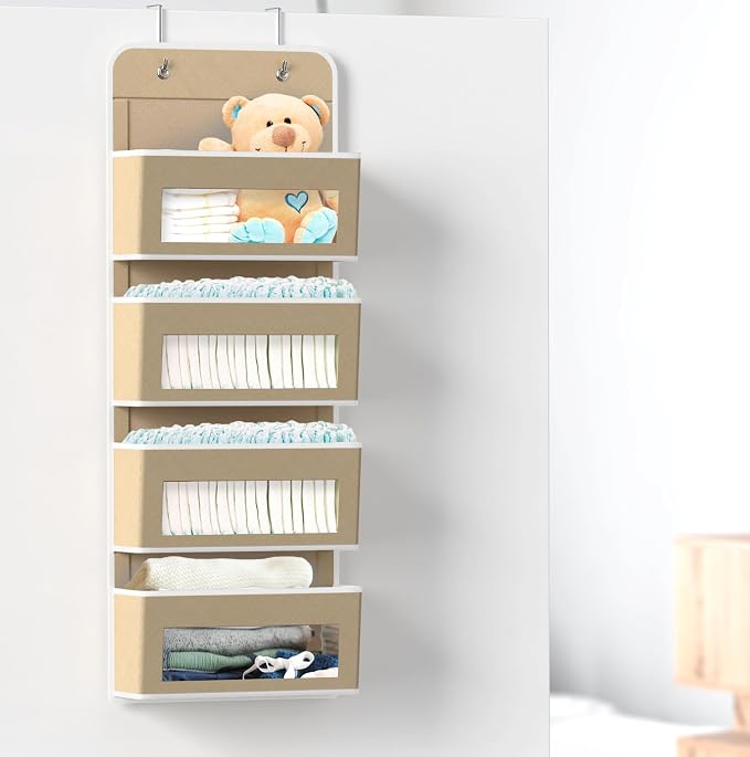 Simple Houseware 4 Clear Window Pocket Over Door Hanging Organizer, Beige - Image 4