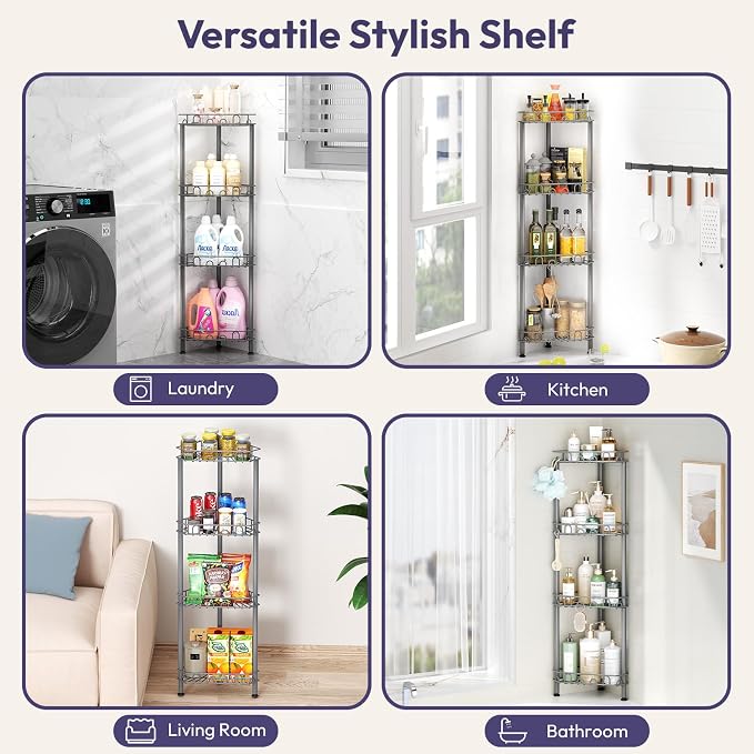 SWTYMIKI Standing Shower Caddy Corner - 4‑Tier Stainless Steel Shower Organizer Shelf with 12 Hooks and Adhesive Pads, Rustproof Corner Shelves Stand Rack for Bathroom Shower Room, Gray - Image 6