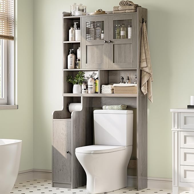 Itaar Over The Toilet Storage Cabinet, Over Toilet Bathroom Organizer with Glass Doors & Toilet Paper Holder Stand, Home Space-Saving Toilet Rack, for Bathroom, Restroom, Laundry, Grey by Itaar