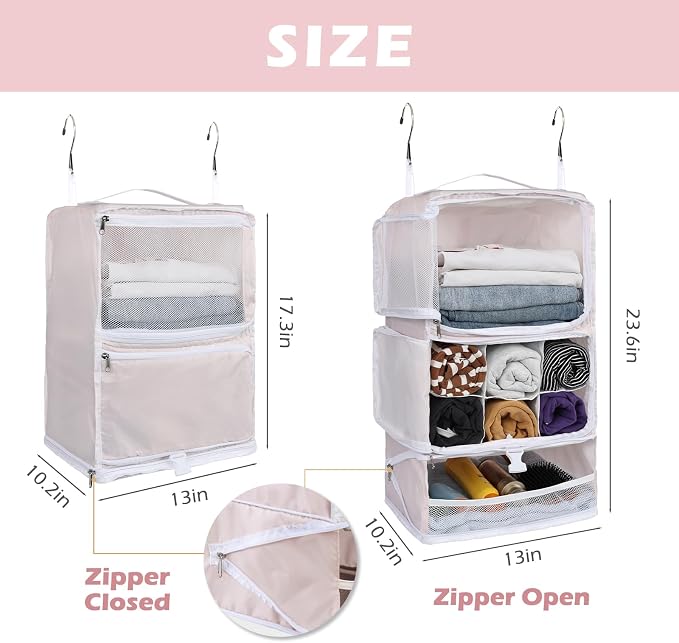 Surblue Hanging Shelves Travel Storage Bag Compression Packing Cube for Suitcase Collapsible with Extension Layer Large Capacity, Pink,XL - Image 5