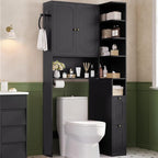 7-Tier L-Shaped Wooden Over the Toilet Storage Cabinet with Doors, Modern Over Toilet Bathroom Organizer Shelf with 2 Large Drawers, Bathroom Over Toilets Storage Cabinet, Space Saver, Black by Unknown