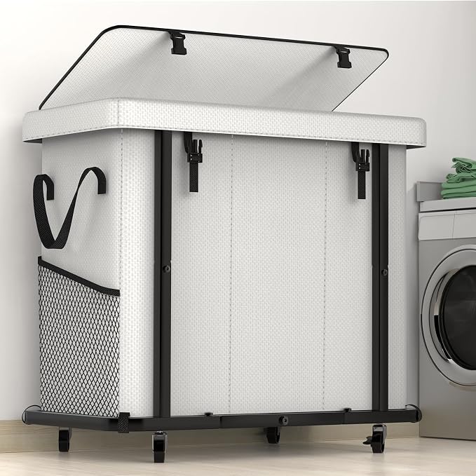 Laundry Basket with Lid, 230L Rolling Laundry Hamper with Wheels,White by Unlockyourhomestoragelife