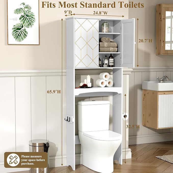 HLR Over The Toilet Storage Cabinet with Gold Trim, Over Toilet Bathroom Organizer with Adjustable Shelves and Toilet Paper Holder, Above Toilet Storage Cabinet Spacesaver for Bathroom(White) - Image 2