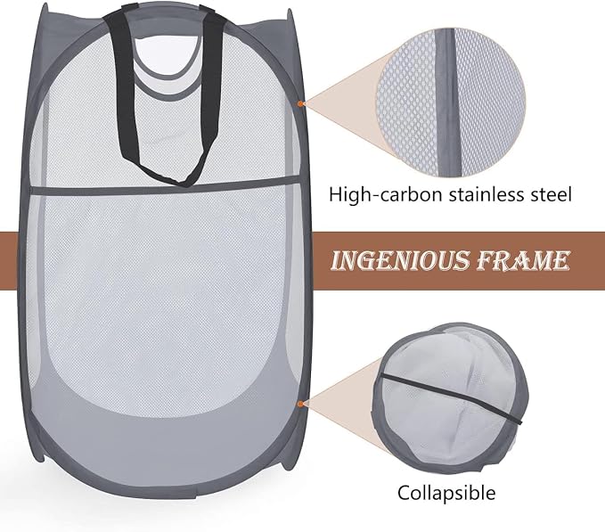 HOUSE AGAIN 2Pack Strong Mesh Pop Up Laundry Hamper, 70L Collapsible Laundry Basket with Steel Frame, Double‑Stitched Handles & Side Pocket, Foldable Dirty Clothes Hamper for Dorm, Bedroom, Grey - Image 8