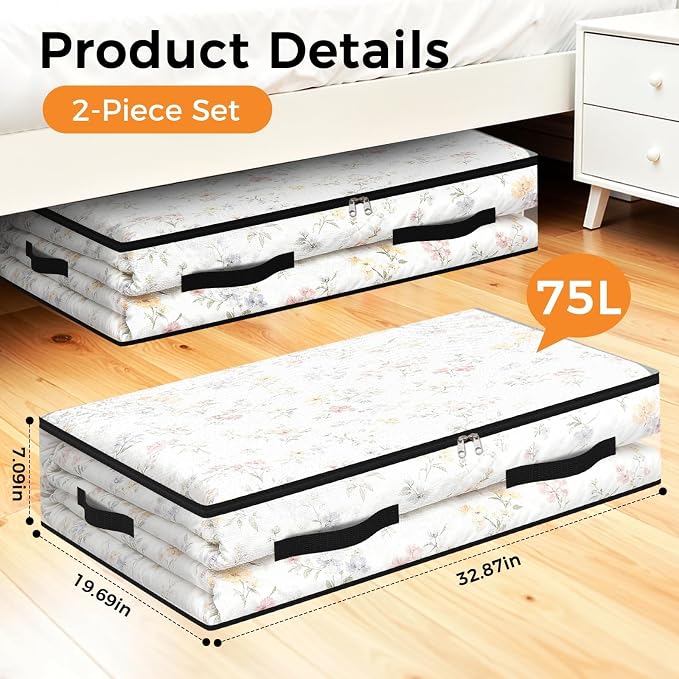 2 Pack Under Bed Storage Bags, 75L Foldable Clear Containers with Handles | Dual Zipper Storage Bins for Comforters, Bedding, Blankets, Closet Organizer for Clothes, Linen Sheets, Sweaters - Image 2