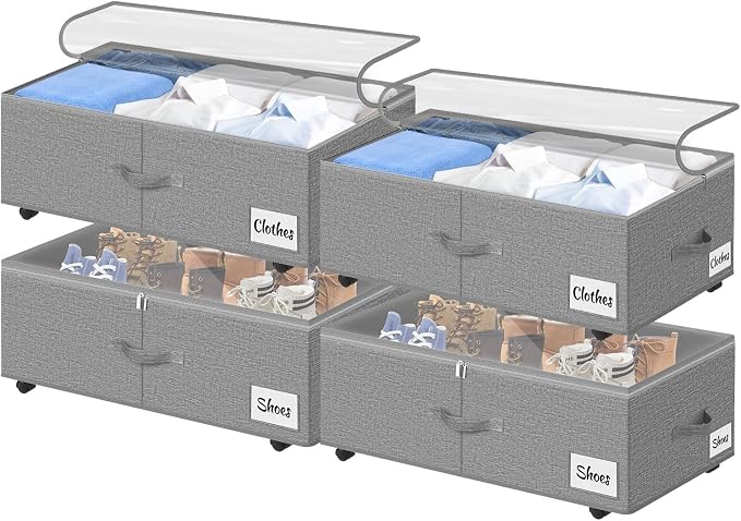 Under Bed Storage with Wheels, 4-Pack 10" Height XXL 75L Rolling Storage Bins, Quick Assembly Underbed Shoe Storage Containers with Clear Lid & Label, Dorm Under Bed Drawers for Clothes, Shoes, Grey by KUKIKAN