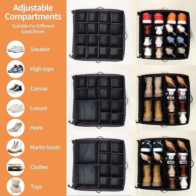 INSTY 2 Pack Shoe Organizer for Closet, Fits up to 32 Pairs, Adjustable Dividers for Shoe Storage, Fabric Shoe Storage Bins with Clear Cover, Black - Image 3