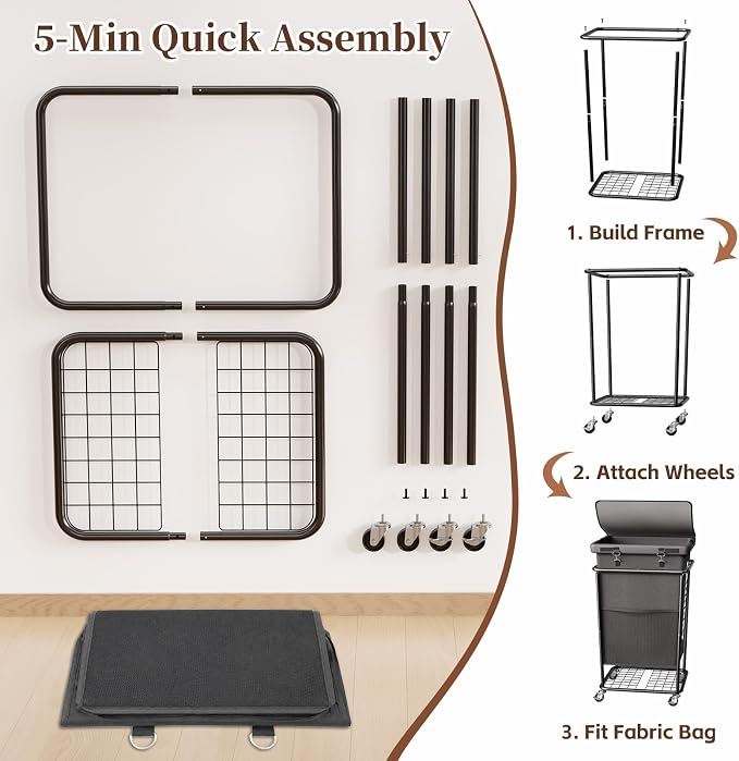 Laundry Hamper with Wheels and Lid, 150L Large Rolling Laundry Basket Gray - Image 7