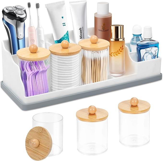Bathroom Counter Organizer, Large White Silicone Toothbrush Holders for Bathrooms with 3PCS Qtip Holder, Bathroom Organizer Countertop Toothbrush and Toothpaste Holder for Makeup Organizer for Vanity by MSBRCH