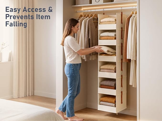 DIMJ Hanging Closet Organizer - 4-Tier Modular Hanging Shelves with Zippers Hooks, Collapsible Baskets for RV, Dorm, Small Spaces, Fabric Storage Bins for Clothes, Handbags - Image 7