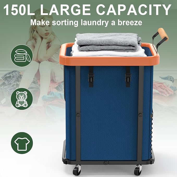 150L Laundry Basket with Wheels, Rolling Basket Hamper with Lid & Handle - Image 2