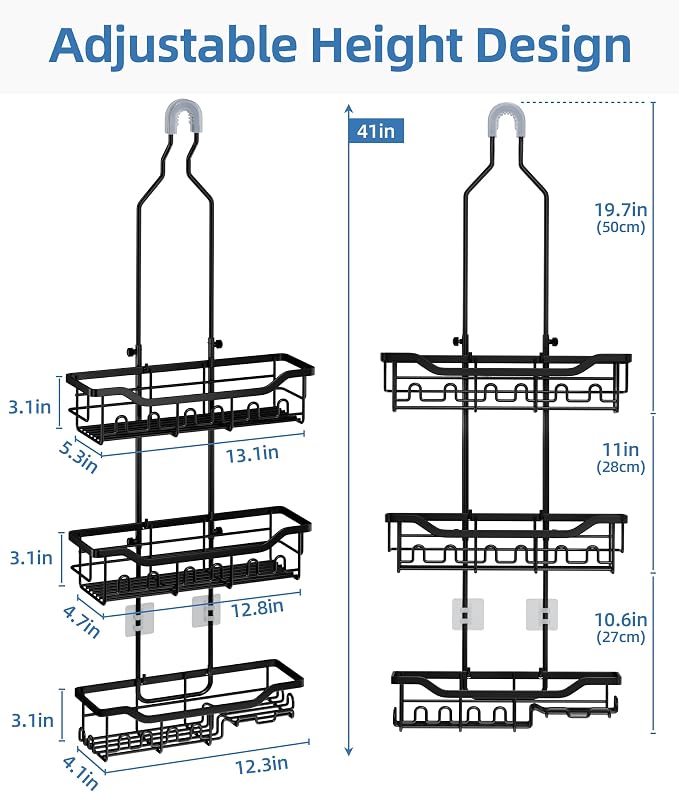 Adjustable Shower Caddy Hanging, Extended Length Organizer Over Shower Head, 3 Tier Long Neck Shower Rack with Soap Holder for Large Storage, Black - Image 2