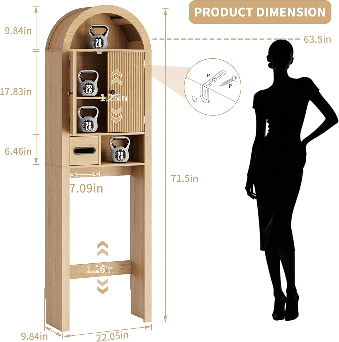 Arched Over the Toilet Storage Cabinet with Fluted Wood Doors, Natural Oak - Image 2