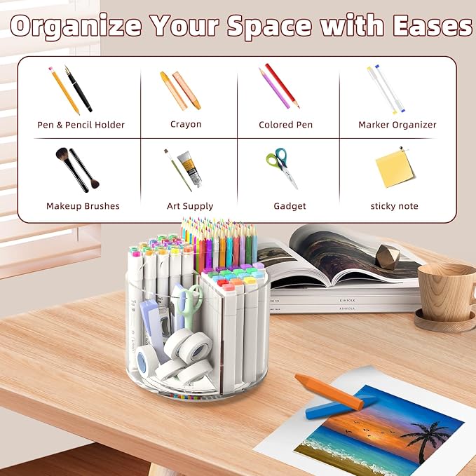 Absonic Pencil Holder for Kids, 360 Rotating Pen Holder for Desk Organizer and Storage, 4 Compartments Art Supply Marker Organizer, Acrylic Kids Desk Organizer for School Lazy Susan Organizer - Image 4