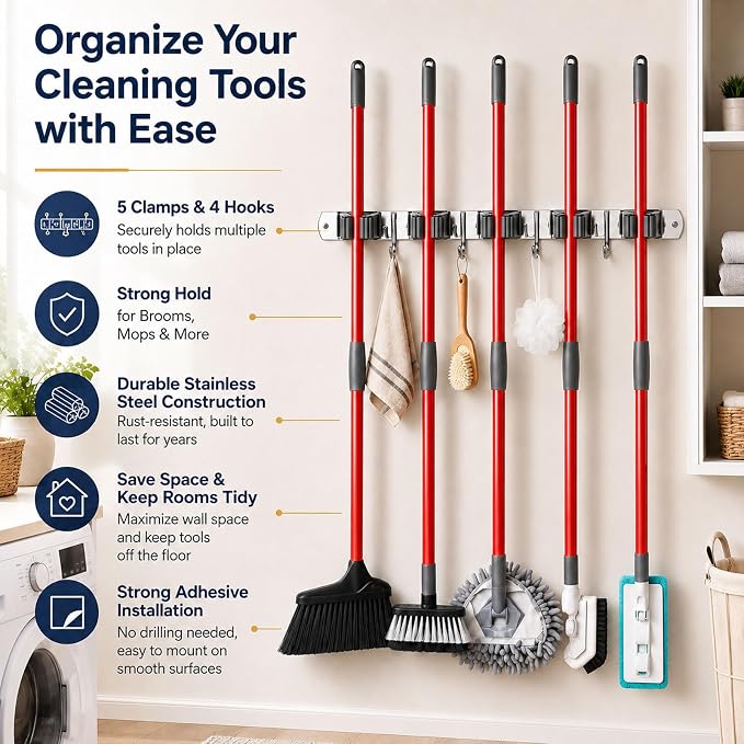 voze 5 Racks and 4 Hooks Mop and Broom Holder Wall Mount, Self Adhesive Heavy Duty Broom Hanger Organizer Storage Tool Racks for Kitchen Garden Laundry Garage - Image 2