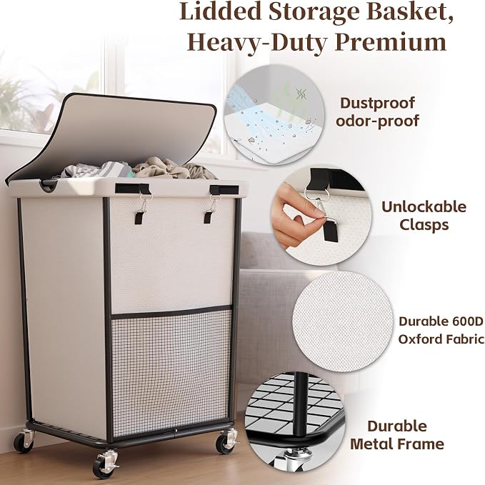 Laundry Hamper with Wheels and Lid, 150L Large Rolling Laundry Basket White - Image 4