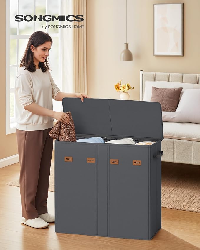 SONGMICS 210L Laundry Hamper, 4-Compartment Laundry Sorter with Lid - Image 2