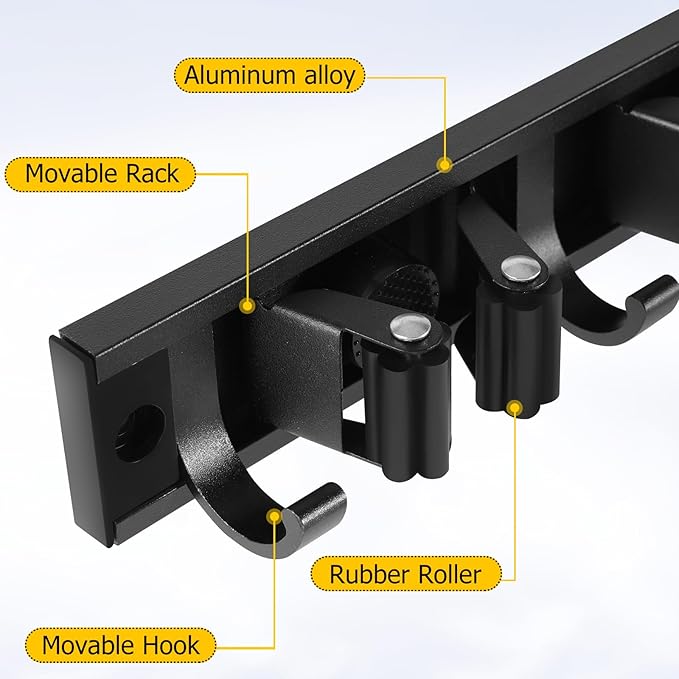 2 Pack Wall Mount Broom Holder with Sliding 3 & 4 Racks 4 Hooks，Mop Hanger - Image 3