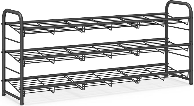 SONGMICS 3-Tier Long Stackable Metal Shoe Rack, Holds Up to 15 Pairs | Shoe Organizer for Closet, Entryway, and Small Spaces, with Adjustable Slanted Shelves, Black, DAVIAN Collection ULMR106BD01 by Unknown