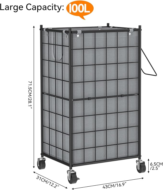 WOWLIVE Rolling Laundry Basket, Metal Wire Frame Laundry Hamper with Wheels - Image 4