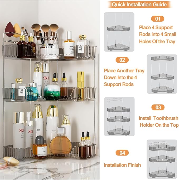 SUNZOS Modern 3-Tier Bathroom Organizer, Corner Makeup Storage with Brush Holder, Acrylic Vanity Organizer, Large Capacity Countertop Organizer for Kitchen, Dresser, Gray - Image 6