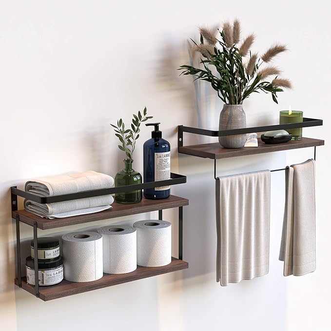RICHER HOUSE 2+1 Tier Wall Mounted Floating Shelves Set of 2, Rustic Wood Shelf with Metal Frame, Extra Storage Rack for Bathroom, Kitchen, Bedroom with Tissue Rack & Towel Bar - Rustic Brown by RicherHouse