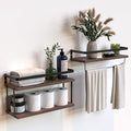 RICHER HOUSE 2+1 Tier Wall Mounted Floating Shelves Set of 2, Rustic Wood Shelf with Metal Frame, Extra Storage Rack for Bathroom, Kitchen, Bedroom with Tissue Rack & Towel Bar - Rustic Brown by RicherHouse