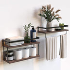 RICHER HOUSE 2+1 Tier Wall Mounted Floating Shelves Set of 2, Rustic Wood Shelf with Metal Frame, Extra Storage Rack for Bathroom, Kitchen, Bedroom with Tissue Rack & Towel Bar - Rustic Brown by RicherHouse