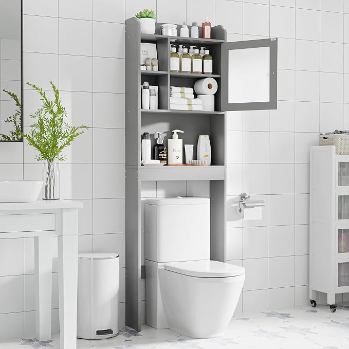 ZenStyle Over The Toilet Cabinet Double Door Wood Bathroom Storage Organizer with Adjustable Shelves, Cubby and Tempered Glass Door (Grey) - Image 4