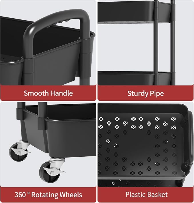 Sywhitta 4-Tier Plastic Rolling Utility Cart with Wheels for Storage, Black - Image 4