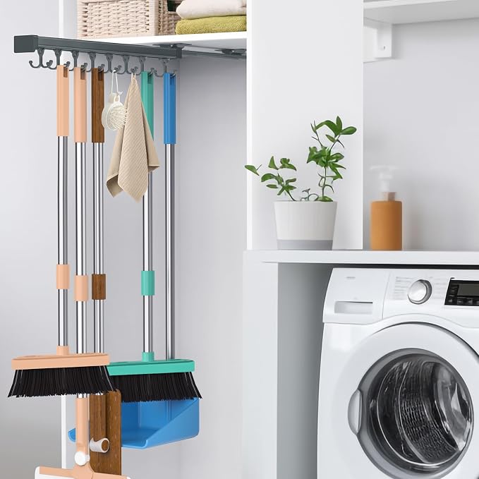 Pull Out Broom Holder With Adjustable Double Row Sliding Hook-Grey 18.11in by PrimZootyDesign